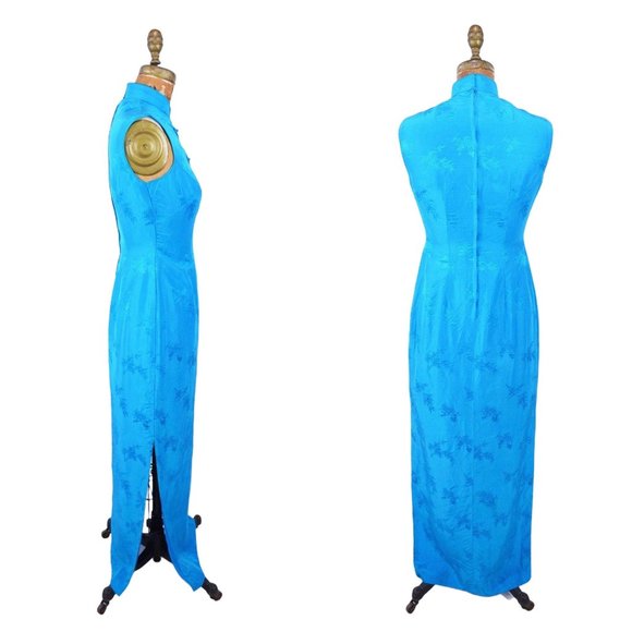 Vintage 1960s Cheongsam Bright Blue Long Dress | W 26" - Picture 5 of 5